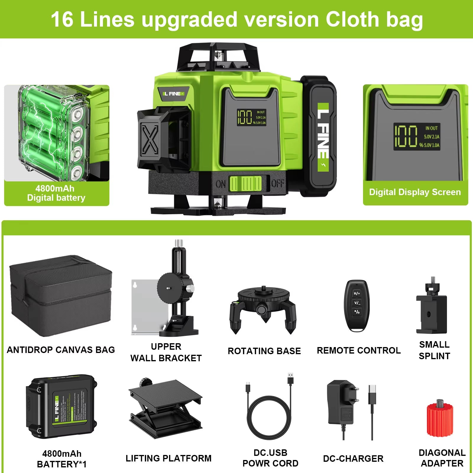 Lfine2/4D16 Lines 360°Self-Leveling Laser Levels Optional Tripod and Vertical Professional Laser Level Tool