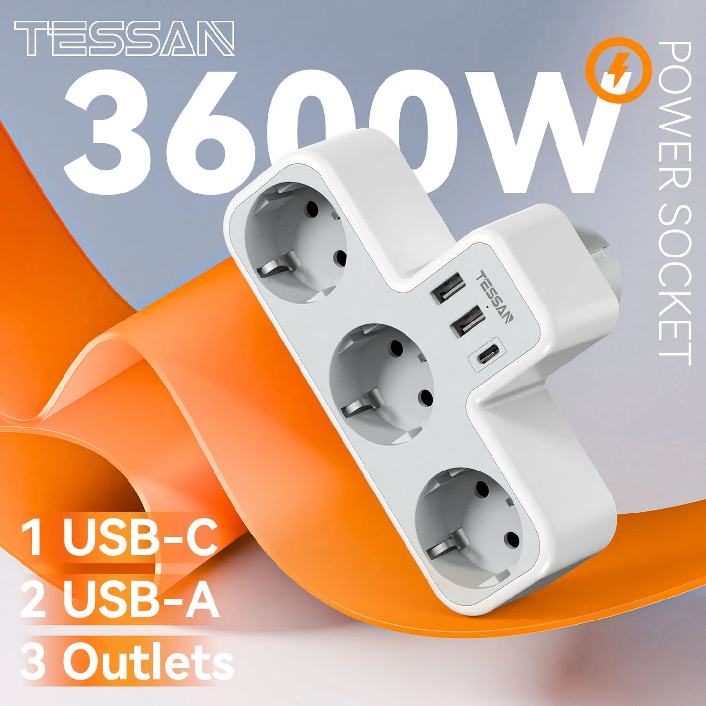EU Plug Power Strip with 3 AC Outlets +2 USB Ports+ 1 Type C, 6-In-1 Plug Socket Adapter Wall Charger for Home Office