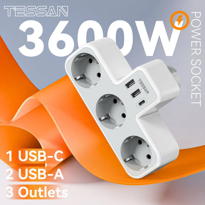 EU Plug Power Strip with 3 AC Outlets +2 USB Ports+ 1 Type C, 6-In-1 Plug Socket Adapter Wall Charger for Home Office