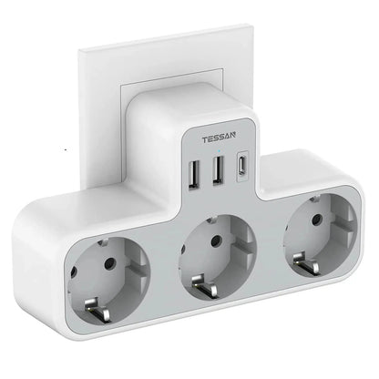 EU Plug Power Strip with 3 AC Outlets +2 USB Ports+ 1 Type C, 6-In-1 Plug Socket Adapter Wall Charger for Home Office