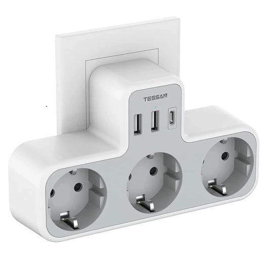 EU Plug Power Strip with 3 AC Outlets +2 USB Ports+ 1 Type C, 6-In-1 Plug Socket Adapter Wall Charger for Home Office