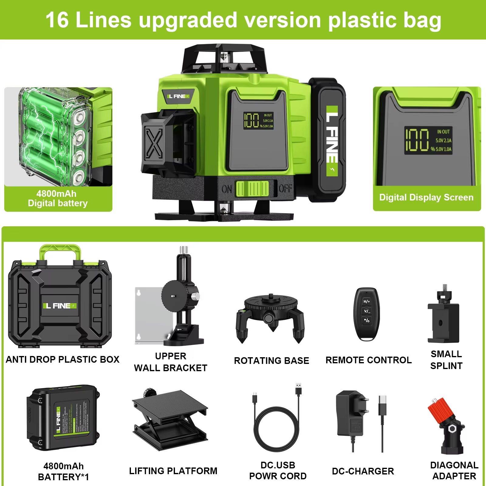 Lfine2/4D16 Lines 360°Self-Leveling Laser Levels Optional Tripod and Vertical Professional Laser Level Tool