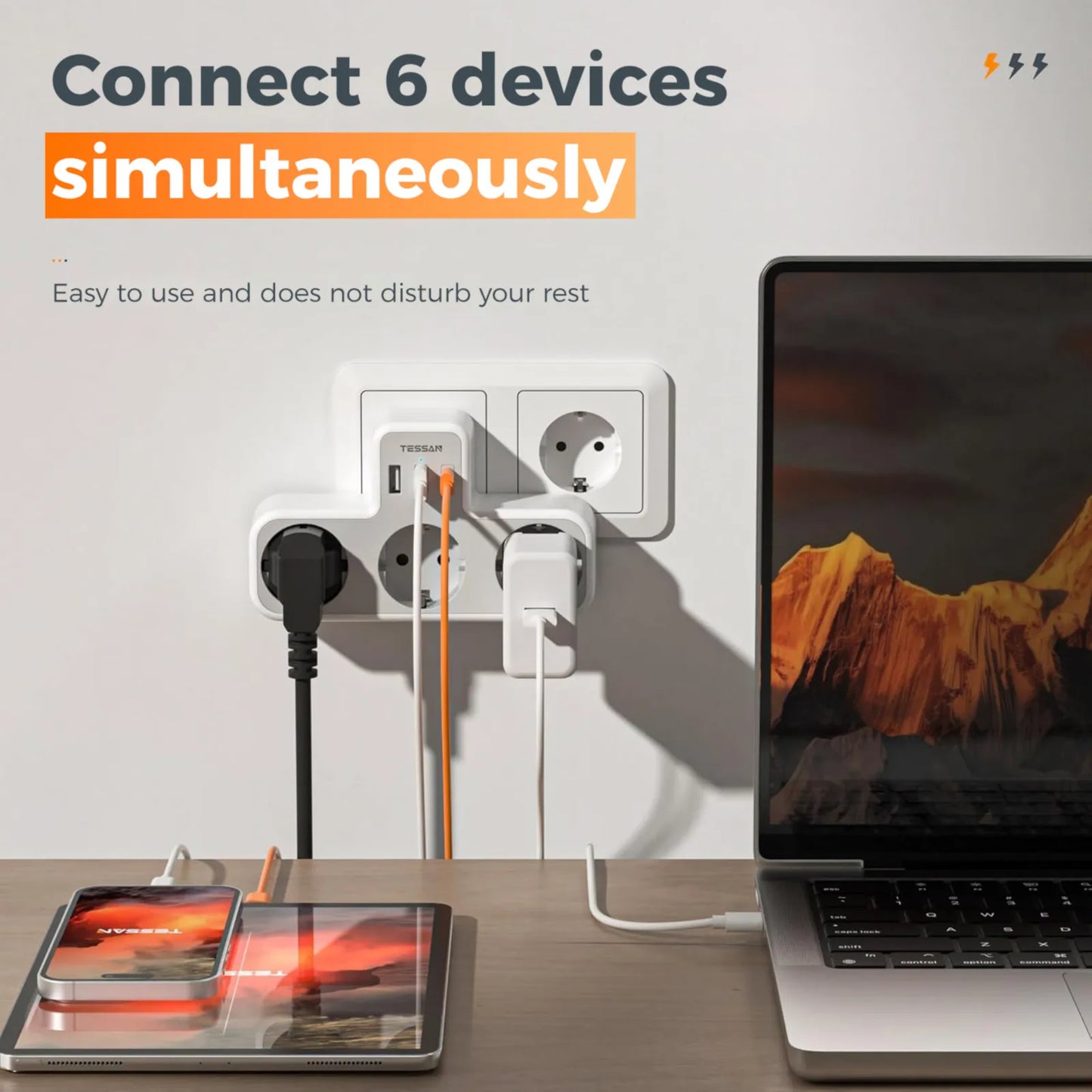 EU Plug Power Strip with 3 AC Outlets +2 USB Ports+ 1 Type C, 6-In-1 Plug Socket Adapter Wall Charger for Home Office